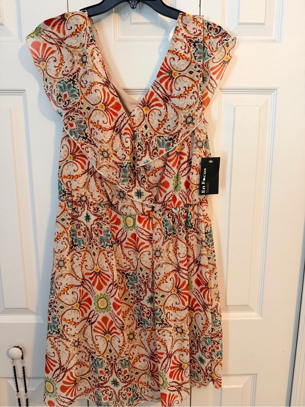 Enfocus Studio Cream Midi Dress with Orange, Teal & Brown Floral Scroll Print